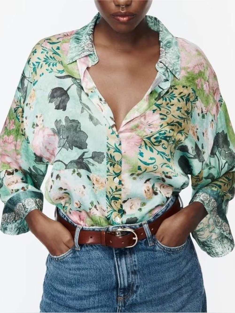 Zara Floral Patchwork Satin Effect Blouse